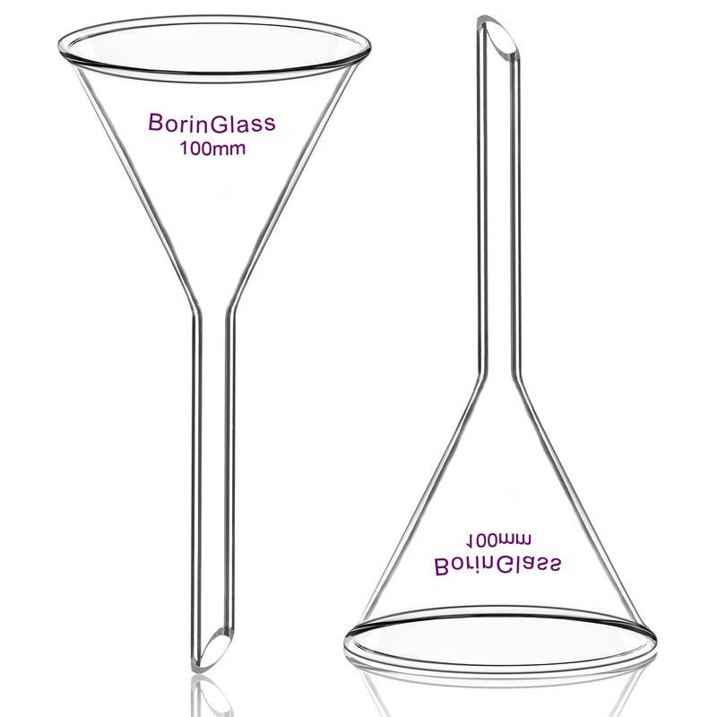 BorinGlass (2 Pack) Glass Funnel Short Stem Borosilicate Glass Lab Filter Funnel, 100 mm Diameter and Stem Length - Image 1